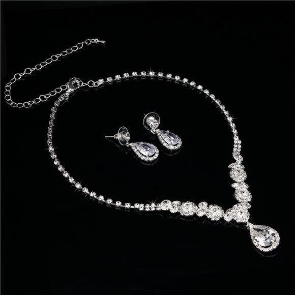 Bride Jewelry Set Silver Crystal Wedding Necklace Earrings Bridal Rhinestone - Picture 5 of 6